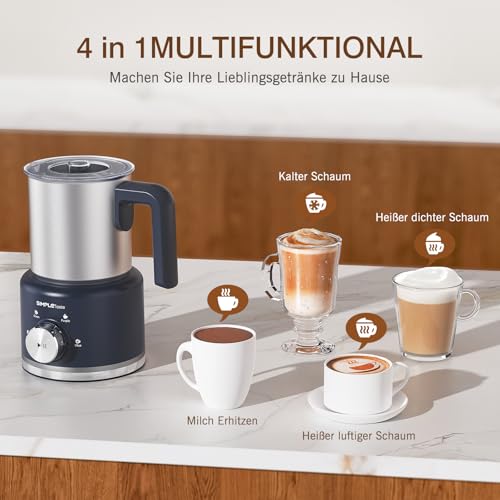SIMPLETASTE Milchaufschäumer Elektrisch 4-in-1, 250-500 ML Heißer & kalter Milchschaum， 600 W Spülmaschinengeeigneter Milchschäumer aus Edelstahl für Cappuccino Latte Eiskaffee