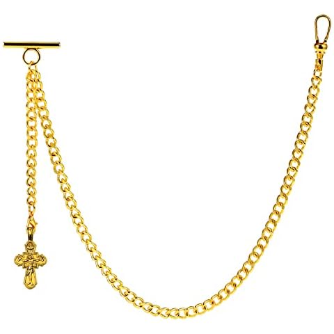 ZTA Albert Chain Gold Tone Pocket Watch Chain Fob Chain for Men Jesus Cross Pendant Design Medal Fob with T Bar Swivel Clasp Cover