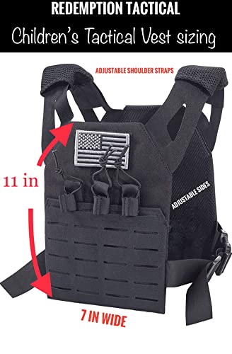 Childrens Tactical Airsoft Paintball Kids Vest, Free US Flag Patch, Mil Spec PALS Laser cut Molle Modular w/Mag Pouches (Black)