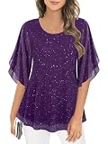 Ninedaily Sparkly 3/4 Sleeve Shirt for Wedding, Dressy Casual Sequin Blouse Fall/Winter Trendy Plus Size XXL Clothing Ladies Evening Receptions Party Outfits Purple