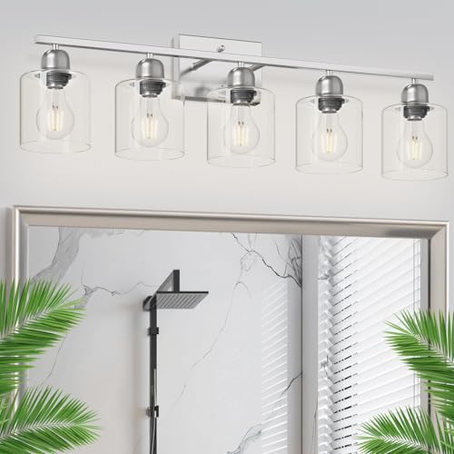 Image of Modern Brushed Nickel 5 Light Bathroom Vanity Light, 31 inch Bathroom Light Fixtures, Vanity Lights for Bathroom with Clear Glass for Mirror Kitchen Living Room Hallway Cabinet Porch