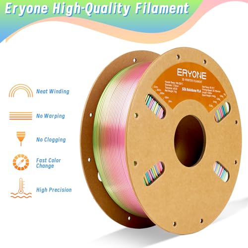 Image of ERYONE Silk Rainbow 3D Printer PLA Filament 1.75 + /- 0.03mm, Shiny Multicolor Filament PLA Fast Color Change 1KG(2.2LBS), Metal Luster Rainbow