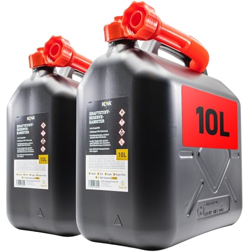 KOVA® 2x Benzinkanister 10L SCHWARZ Kunststoff Dieselkanister Reservekanister Kraftstoffkanister 10 Liter Wasserkanister für Benzin Diesel Wasser AdBlue 10-Liter-Kanister & Außgießer 10 ltr Petrol Can