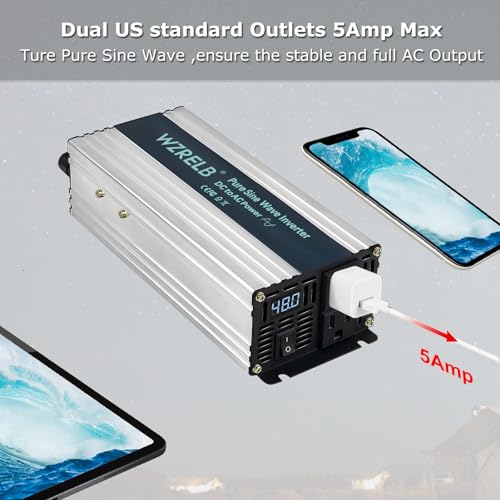Image of WZRELB 600W Pure Sine Wave Inverter 24V DC to 110V 120V AC Power Converter with LED Display, Remote Controller, Off-Grid Power Inverter 1200W Surge for Home, RV, Truck, Camping