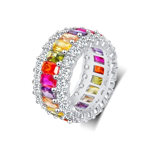 MDFUN 18K White Gold Plated Halo Wedding Ring Eternity Band for Women, Sparkling Colorful Cubic Zirconia Rings Size 5-10