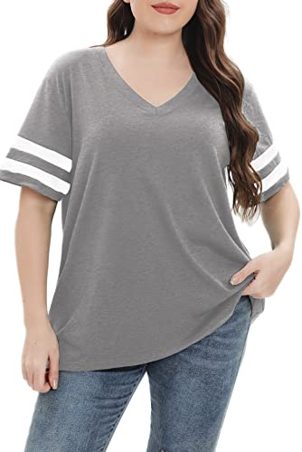 Carrotmob Womens Plus Size Tops Summer Short Sleeve Casual Loose Tunics V Neck Tee T Shirts Gray 5X #TOP5