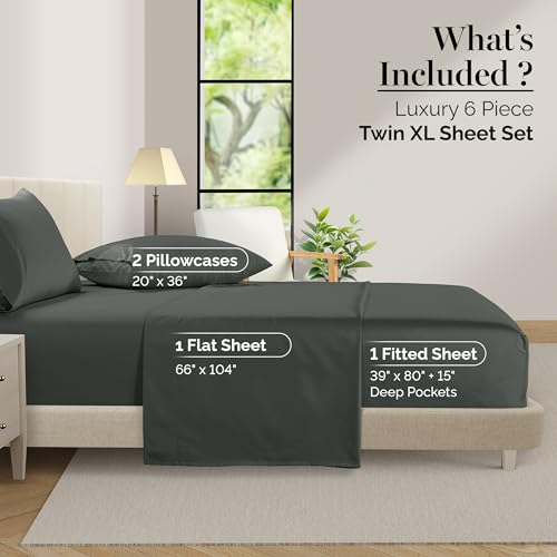 Casa Platino 100% Egyptian Cotton Sheets Twin XL Size Set - 4 Pcs (1 Flat, 1 Fitted, 2 Pillowcases)- Ultra Smooth Sateen Weave Bed Sheets Set with 15" Deep Pockets - Dark Grey