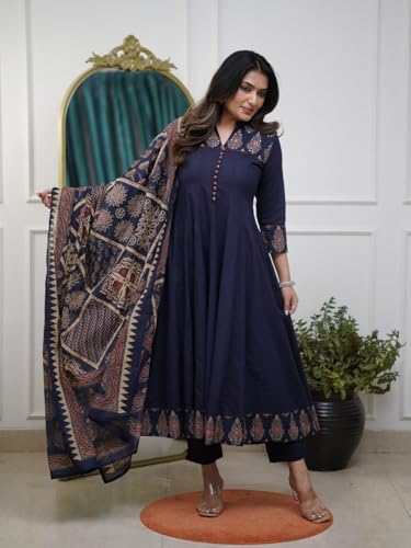 Image of GoSriKi Women's Rayon Viscose Anarkali Printed Kurta Pant with Dupatta | Anarkali Kurta Set for Women | Flared Kurti Pant Set | Ethnic Printed Suit for Women