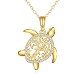 DOVRAN Collar de tortuga marina de oro macizo de 10 K/14 quilates, colgante de árbol de la vida, joyería oceánica, regalos para mujeres y hombres amantes del océano, Normal, Oro amarillo, Sin piedra