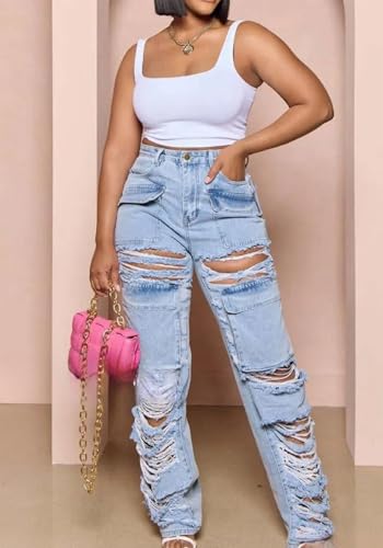 Unybwonn Ripped Jeans Womens High Waisted Distressed Boyfriends Denim Pants Straight Leg Baggy Slim Fit Cargo Pants2