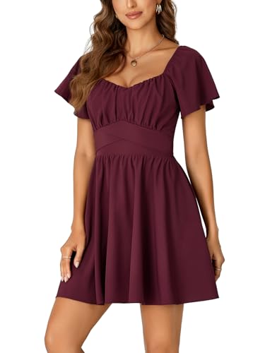 Image of Rooscier Women's Tie Back Square Neck Wrap Ruffle Short Sleeve Flare Mini Dress