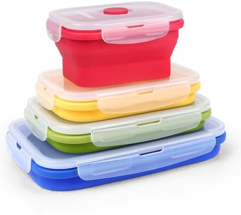 Set of 4 Collapsible Silicone Food Storage Containers,Kitchen Stackable Leftover Bento Lunch Meal Box with Plastic Airtight Lids, Leak-proof Camping Food Storage for Microwave Dishwasher