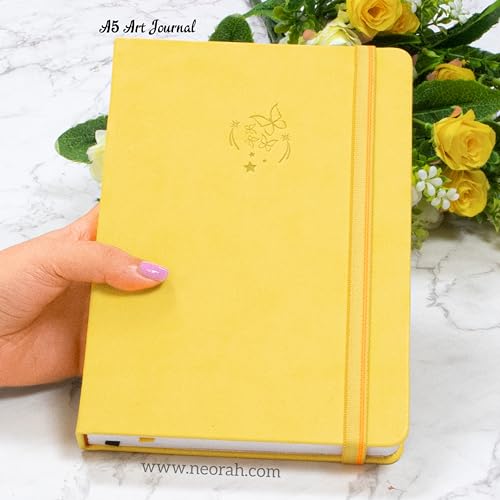 Image of NEORAH - A5 - ART JOURNAL | 200 Gsm Dotgrid Notebook | 160 Pages(21.0 x 14.8 cm)| Hard Cover| 3 Bookmarks | Elastic Closure | Back Pocket | Ideal - Bujo,Drawing & Painting, Junk Journal (YELLOW)