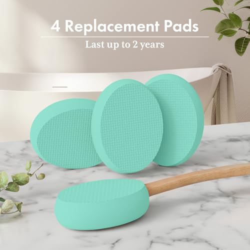 Image of AmazerBath Lotion Applicator for Back, Feet, 4 Replacement Pads with 17 inch Curved Handle, Back Sunscreen Applicator for Kids, Elderly, Women, Apply Skin Cream Medicine Moisturizer Tanner, Apple Green