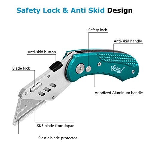 Folding Utility Knife Heavy Duty Box Cutter With 5 Sk5 Quick Change Blades + 60 Pack Utility Knife Blades, Sk5 Steel Heavy Duty Box Cutter Replacement Blades With Plastic Case #TOP5