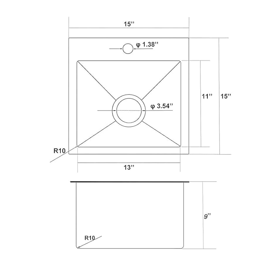 IKEBANA 15 Inch Black Bar Sink, Top Mount 15x15 Small