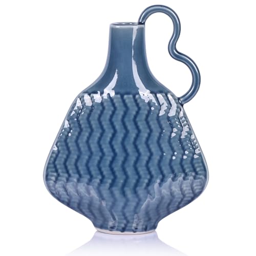 oliruim Vaso de cerâmica azul de 25,4 cm de altura com alça, vaso de cerâmica azul marinho exclusivo