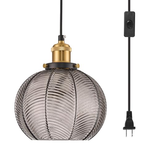 ZRPSSGE Modern Plug in Hanging Light, 7.8 Inch Glass Pendant Light with 14.76 FT Adjustable Plug in Cord, Vintage Smoke Gray Hanging Lamp for Dining Room Bedroom Kitchen Island Bathroom E26