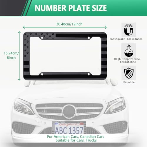 Image of Black American Flag License Plate Frame - 2 Pack Patriotic Car Tag Frames | Front & Rear, USA Holder, 4 Hole, 3D Embossed Stars & Stripes, Includes Mounting Hardware
