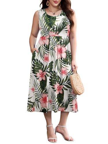 Image of LARACE Women's Plus Size Sleeveless Maxi Dress Casual Crew Neck Pleated Flowy Long Dresses with Pockets L-6XL