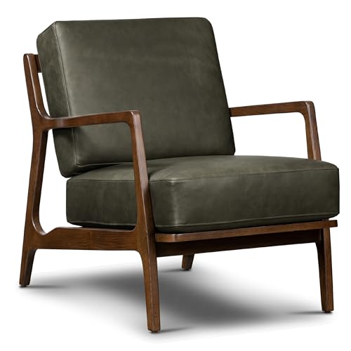 Image of Poly & Bark Verity Leather Accent Chair - Armchair with Walnut Wood Frame - Fashion-Forward Lounge Seating for Living Room - Upholstered in Olivine Green Leather for Modern Style