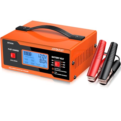 AUTOUTLET 8V Car Battery Charger 0-14A Fully Automatic 6/8/12/14/16/2 Lead-Acid Battery Charger & Maintainer with 7-Stage Charging Overcharge Protection Reverse Polarity LED Indicator 80cm Cable