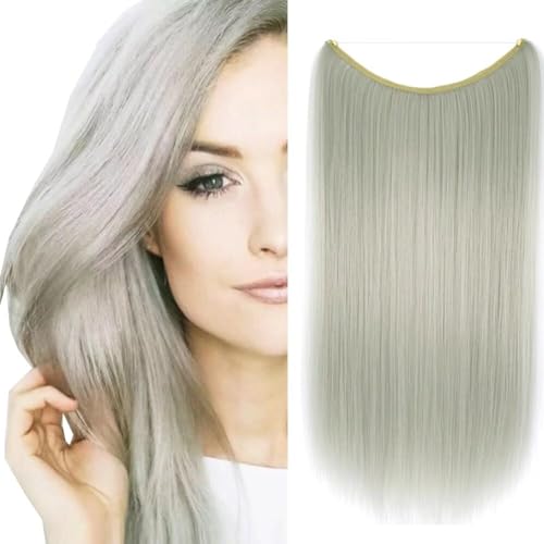 LaLuLoLi Silver Color Hair Extension for Women Girl Secret Fish Line Hair Extensions Straight Hairpiece Invisible String Synthetic Hair Pieces no Clips no Glue no Damage 22" 80g/pack