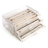 CLUQMEIK Necklace Organizer Box with Clear Lid, Dustproof Velvet Jewelry Holder Storage Display Case, Stackable Acrylic Necklace Tray Drawer Insert for Women and Girls (Beige,3 Drawers)