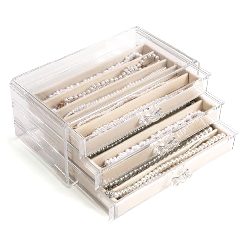 CLUQMEIK Necklace Organizer Box with Clear Lid, Dustproof Velvet Jewelry Holder Storage Display Case, Stackable Acrylic Necklace Tray Drawer Insert for Women and Girls (Beige,3 Drawers)