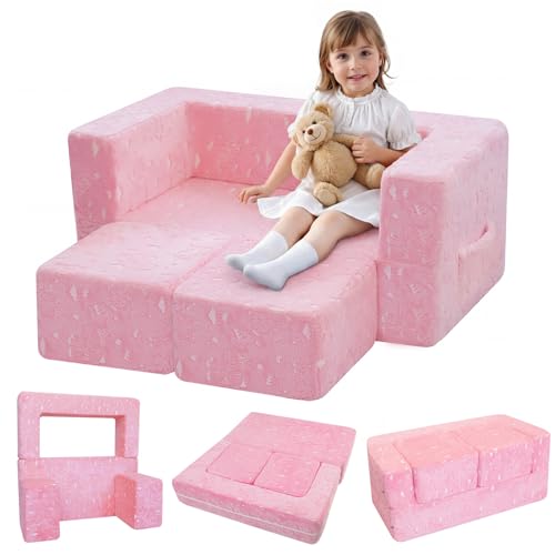 Image of MeMoreCool Glow in Dark Unicorn Kids Couch, 2-in-1 Fold Out Chair, Pink