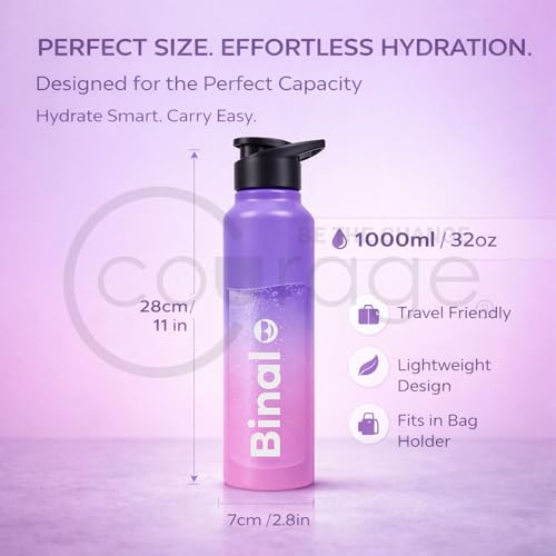 Image of COURAGE Stainless Steel Customize Sipper Water Bottle 1Liter Leak Proof for Fridge Home Office Travel School Kids Boys Girls Adults Sports Gym Yoga - Light Pink- Purple