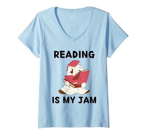 Womens Kawaii Cute Ghost Reading Is My Jam Reading Lover V-Neck T-Shirt