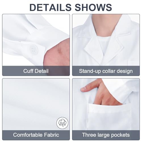 AUYAO Weiß Laborkittel Ärztemantel Damen Herren Laborkittel Chemie Kittel Labormantel Schutzkleidung für Labor Mantel Hygiene Langarm Medizin Mantel mit Knöpfen und 3 Tasche Kittel Junge Mädchen(XL)