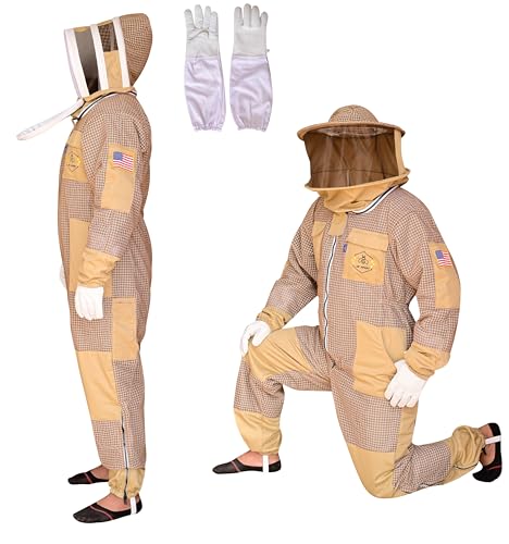 US APIARY 3 Layer Bee Suit with Fencing Veil and Round Veil One Pair Gloves Sting Proof Ventilated Beekeeping Suit, 2 Veils (Khaki, Medium)