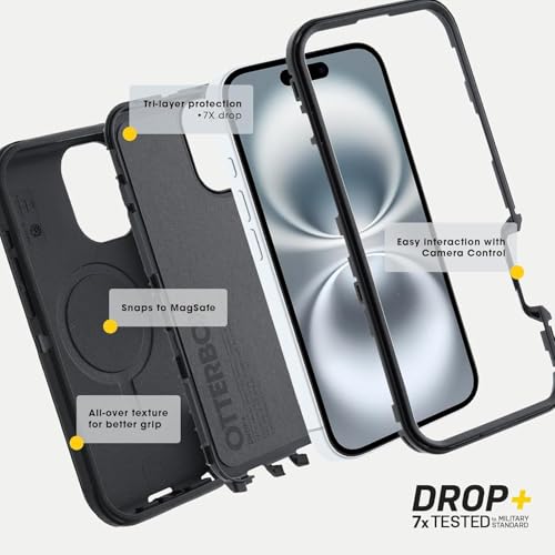 Image of OtterBox iPhone 16 Plus (Only) Defender Series MagSafe Case - Black Denim (Black & Blue) - Case Only - Built-in Magnets - Screenless - Rugged & Durable - with Port Protection