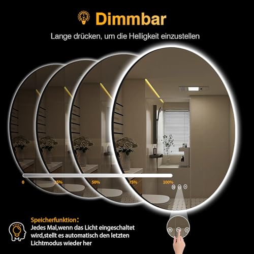 PESENXAN Badezimmerspiegel mit Beleuchtung 70cm, LED Spiegel Bad mit Licht, 3 Lichtfarben, Antibeschlag, Dimmbar, Touch-Schalter… – Ansicht 3