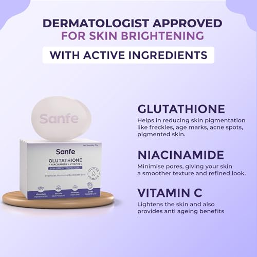 Sanfe Glutathione Niacinamide Vitamin C Brightening Soap | Hydrating, Minimizes pigmentation, Removes Dead Skin | Skin whitening soap for women and men | Tan Removal Hyperpigmentation & Glow 75gm