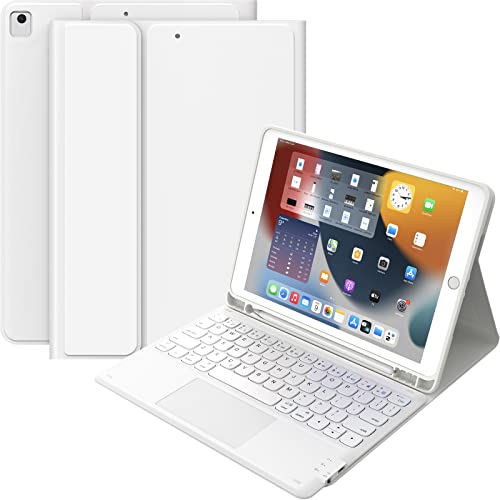 iPad Keyboard 9th Generation, Keyboard for iPad 8th Generation/7th Gen 10.2 Inch, Smart Trackpad, Detachable Wireless with Pencil Holder, Flip Stand Keyboard Case for iPad 9th/8th/7th Gen 10.2”, White