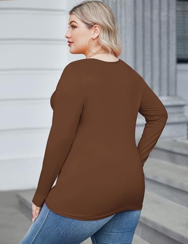 IN'VOLAND Women's Plus Size Long Sleeve Stretch Crewneck Casual T-Shirt Brown — view 3