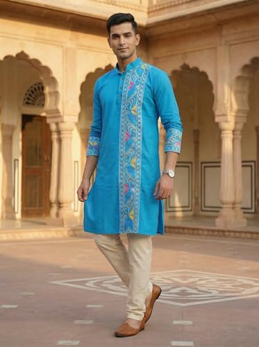 Image of Men's Jamdani Printed Kurta Pajama Set | Pure Cotton Ethnic Kurta with Mandarin Collar & Dupion Silk Pyjama | Festive & Weddings 303A12A 303SB12B(M XXL)