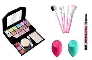 TYAGIRL Women's & Girl's TYA Fashion Mini 5024 Multicolour Makeup Kit and 5 Pink Makeup Brushes Set, 1 36H Long-Lastng Waterproof Liquid EyeLiner with 2 Beauty Blenders, (Pack of 9)