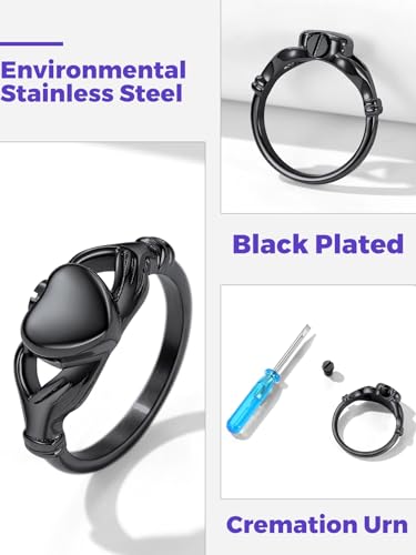 Image of Richsteel Stainless Steel Heart /Claddagh Cremation Urn Ring for Ashes for Women Waterproof Locket Rings Memorial Jewelry(with Gift Box)