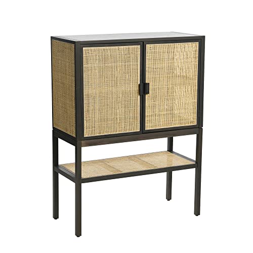 Creative Co-Op Pine Wood Cabinet with Natural Rattan Details