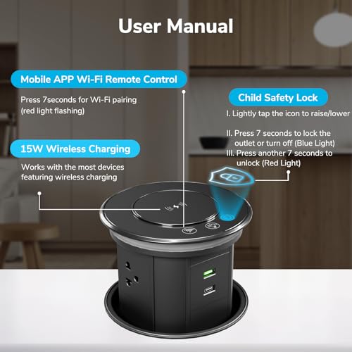 Pop Up Outlet for Countertop with 15W Wireless Charger & Mobile App Control by HReleskt - Used condition - Image 6