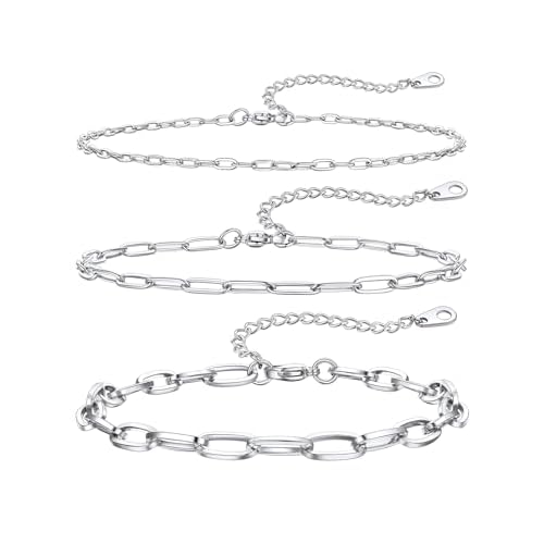 ChainsHouse Ankle Bracelets for Women, Stainless Steel Chain Anklets Waterproof, Women Summer Beach Jewelry Gift, Come with Box 03. 3Pcs-(2+3+6mm)-Pap