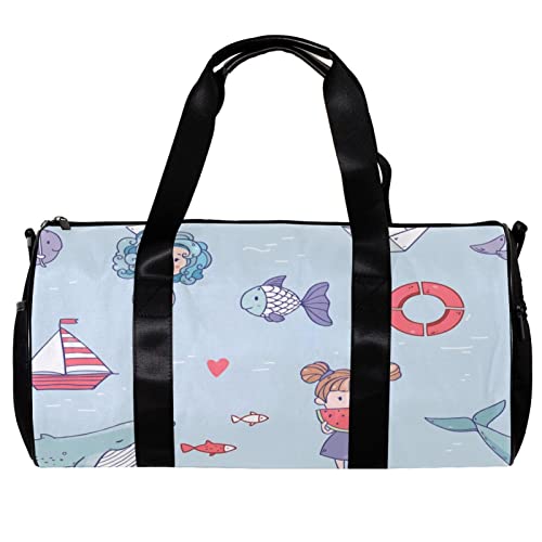 Runde Sporttasche mit abnehmbarem Schultergurt, niedliches Cartoon-Design, Sommer, Mädchen, Fische, Wale, Schiff, Wassermelone, Trainingshandtasche, für Damen und Herren Cover