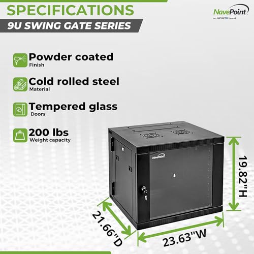 Image of NavePoint 9U Wall Mount Cabinet with Hinged Back - 21.6 inch Deep, Server Rack Enclosure with Locking Glass Door and Removable Side Panels, Network Cabinet with 2 Fans, Pre-Assembled