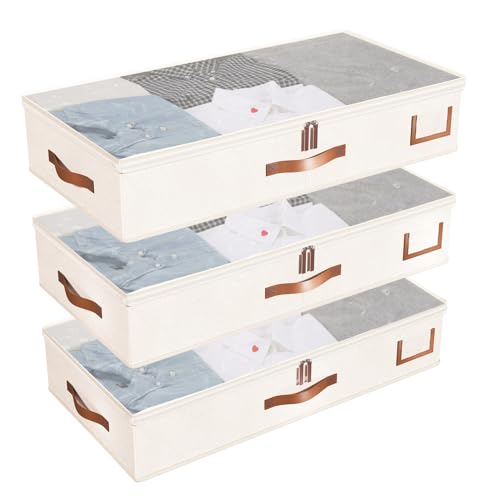 Fixwal Under-Bed Storage Box 3 Pack Blanket Storage 52L Under Bed Clothes Organizer with Sturdy Structure and Ultra Thick Fabric for Under Bed Organizer Ivory White