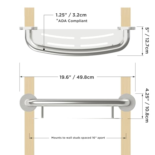 HEALTHCRAFT Plus 2-in-1 Shampoo Shelf and Decorative Grab Bar ADA Compliant, Wall-Mounted Bathroom Safety Grab Bar for Seniors, Supports up to 500 lbs in Brushed Stainless by Healthcraft - Image 8