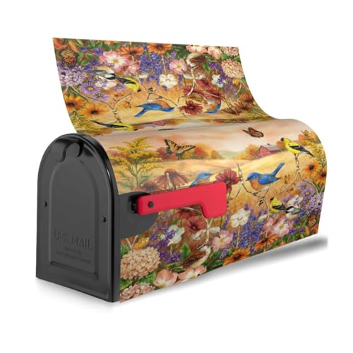 Image of Spring Rural Flowers Butterflies and Birds Mailbox Cover Magnetic Summer Floral and Bird Waterproof Mailbox Wraps Post Letter Box Decor 21x18 in